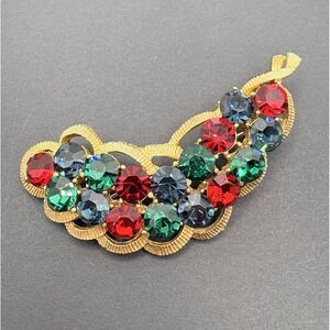 Vintage Jewel Tone Green Blue Red Rhinestone Brooch Textured Gold Tone 2.75"